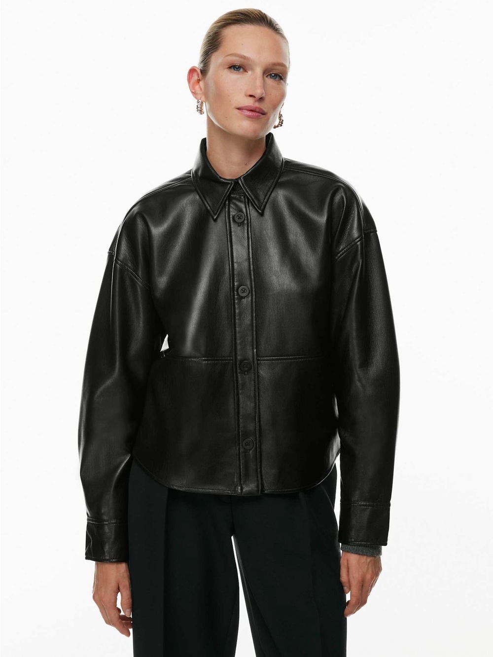 Babaton Black Leather Button-Front Shirt Jacket